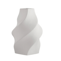 White Scylla Vase with a spiraling, twisted silhouette and a square base.