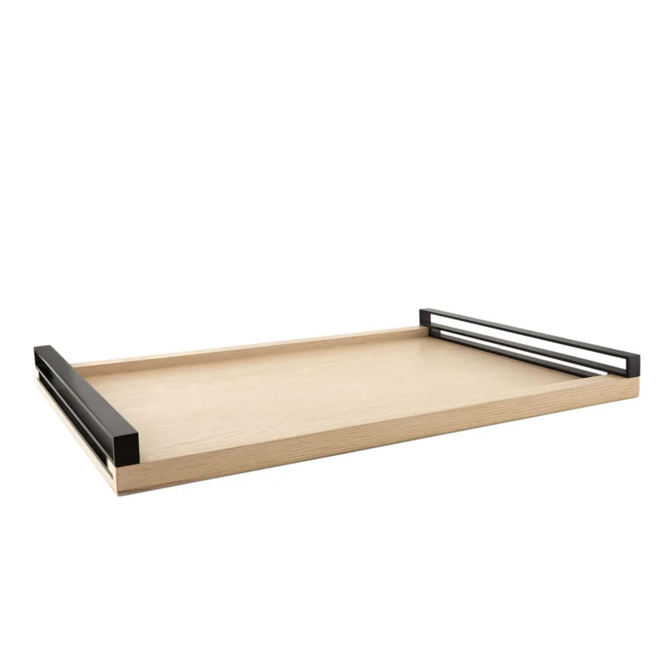 The Rexburg Oak Wood Tray by Arteriors features a light oak surface and black metal handles, blending minimalist design with an industrial touch for stylish serving or decor.