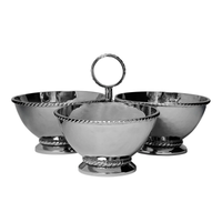 The Juliska Graham Triple Cocktail Bowl features three hammered stainless steel serving bowls with decorative rims; the front bowl has a circular handle, while the two behind do not—an elegant entertaining piece.
