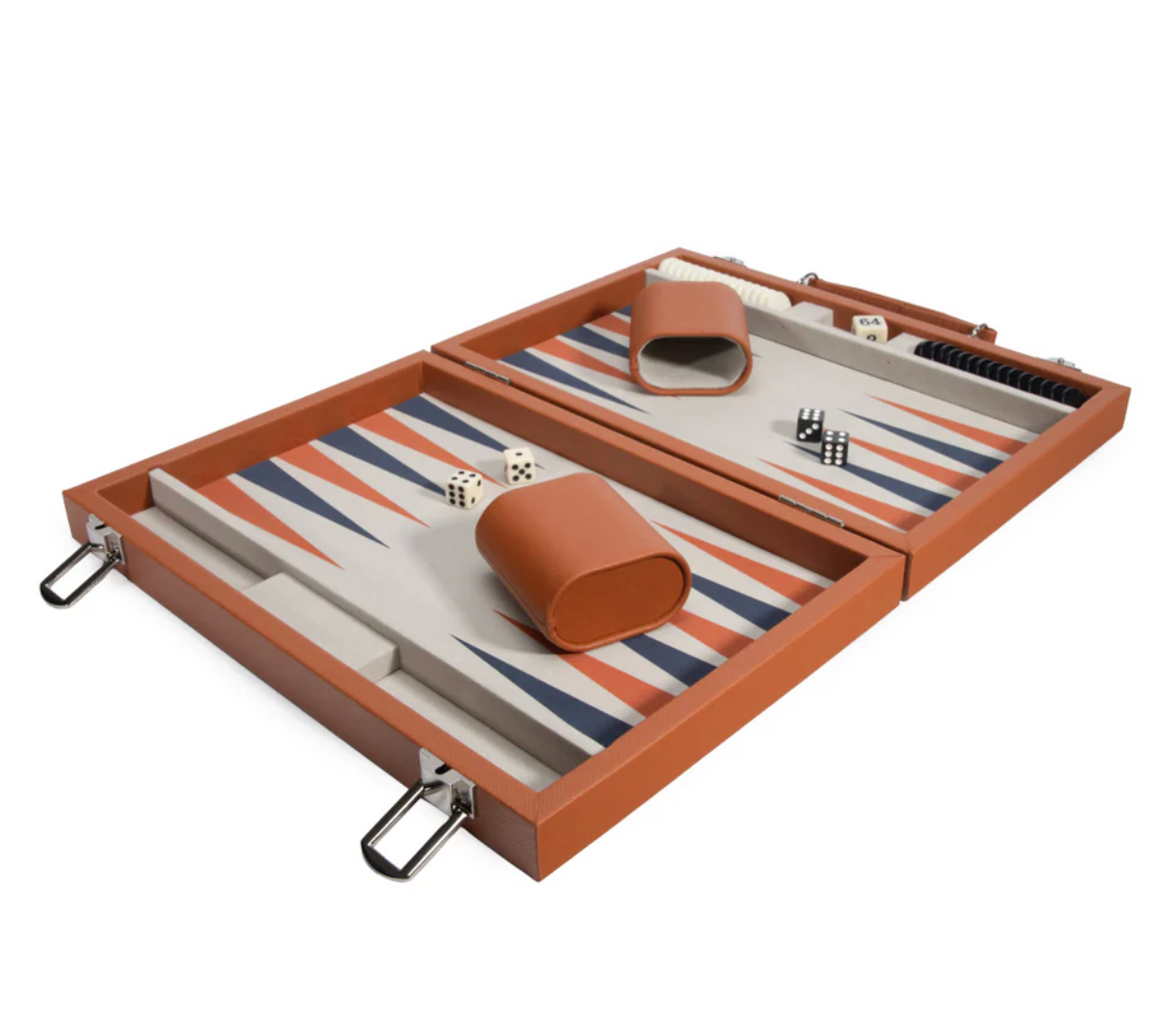 The Brouk & Co Mini Travel Backgammon Set features an orange case that opens to a playing board with blue, orange, and white triangles, plus magnetic checkers, dice, and two orange cups—ideal for games on the go.