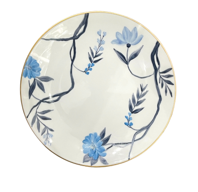 The Marie Daâge Bouquet De Vie 1 Dinnerware plate features blue flowers and dark gray leaves on white Limoges porcelain with a gold rim—ideal for luxury dinnerware collections.
