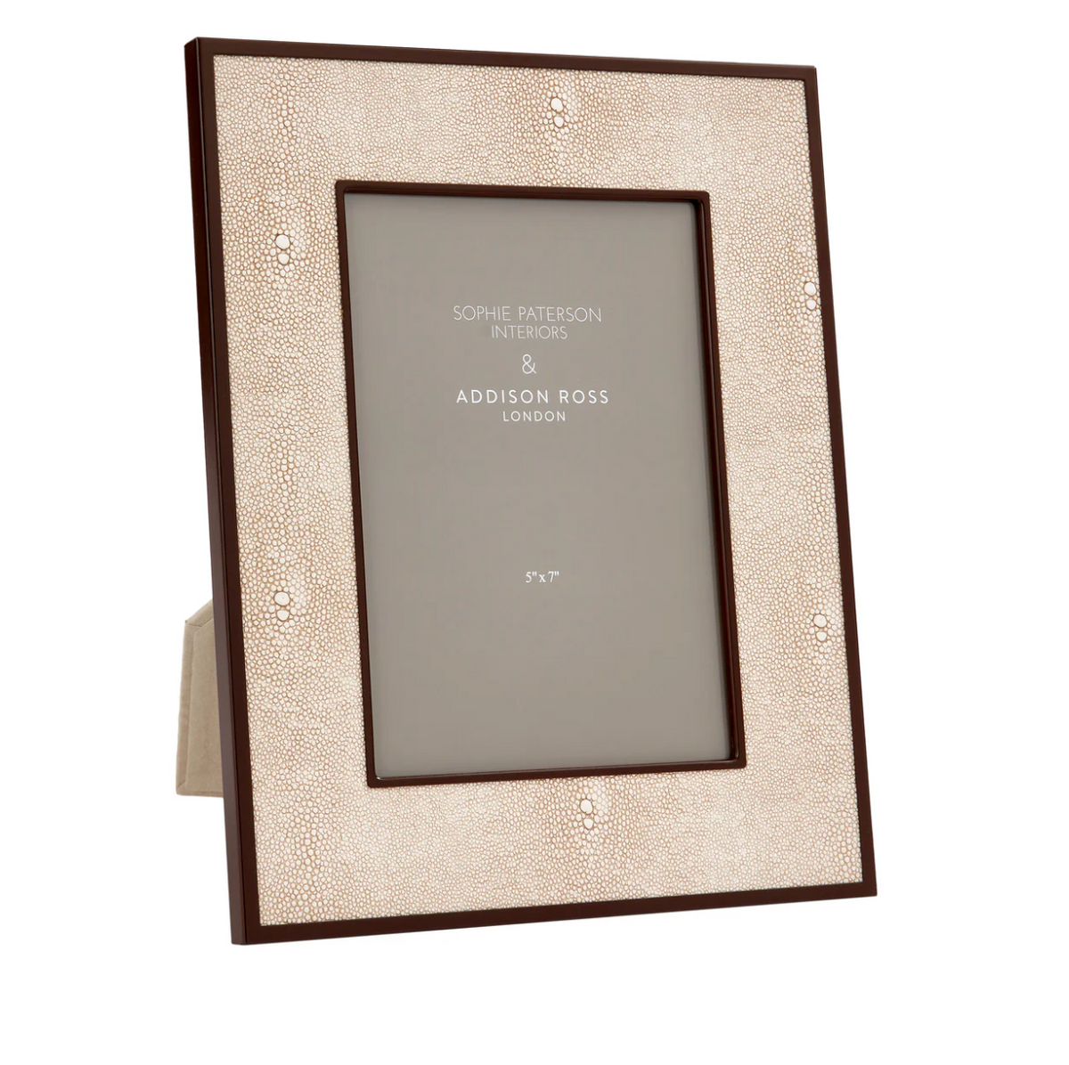 The Addison Ross Faux Shagreen Frame in Ecru & Bronze features a cream finish with a bronze border, stands upright with a visible back stand, and currently displays a placeholder with text.