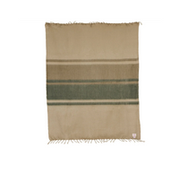 Kallpa Alpaca Throw - Tobacco Olive & Khaki artisan-made tan throw with fringe and horizontal olive and brown stripes.