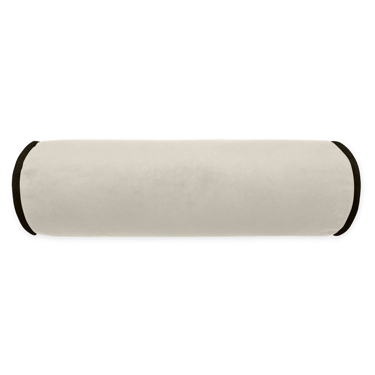 The Posh Roll Pillow Ivory 7 x 21 by D.V. KAP / Canaan Company features a light beige cover with dark ends, providing stylish lumbar support for modern interiors. Shown against a white background.