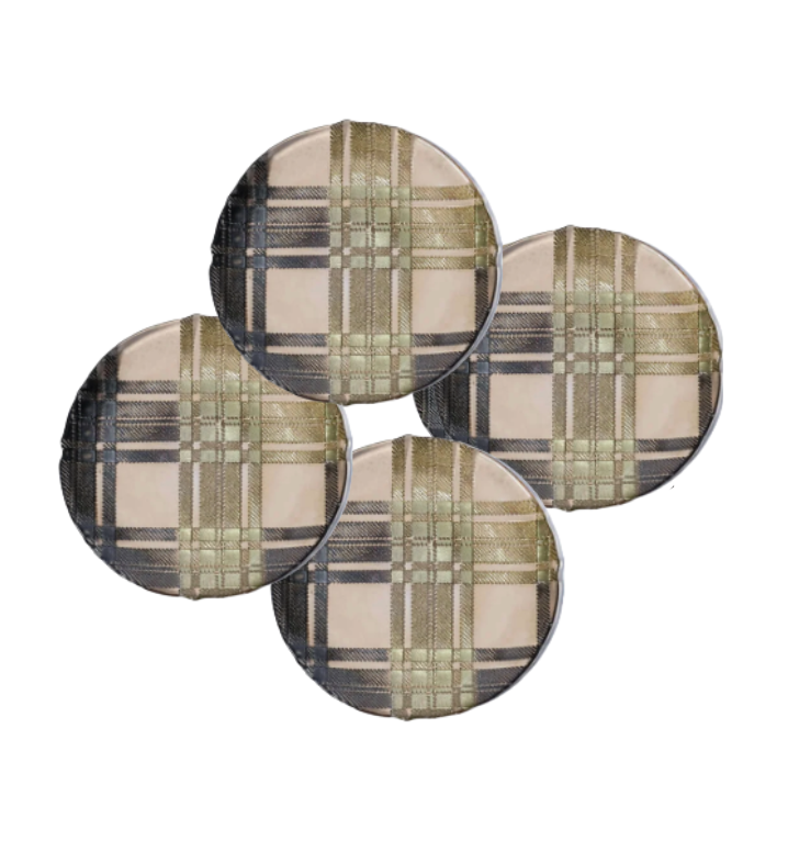 Four round Tartan Dessert Plate Set 4- Gold dessert plates featuring a gold and black tartan pattern for a modern luxury table setting.