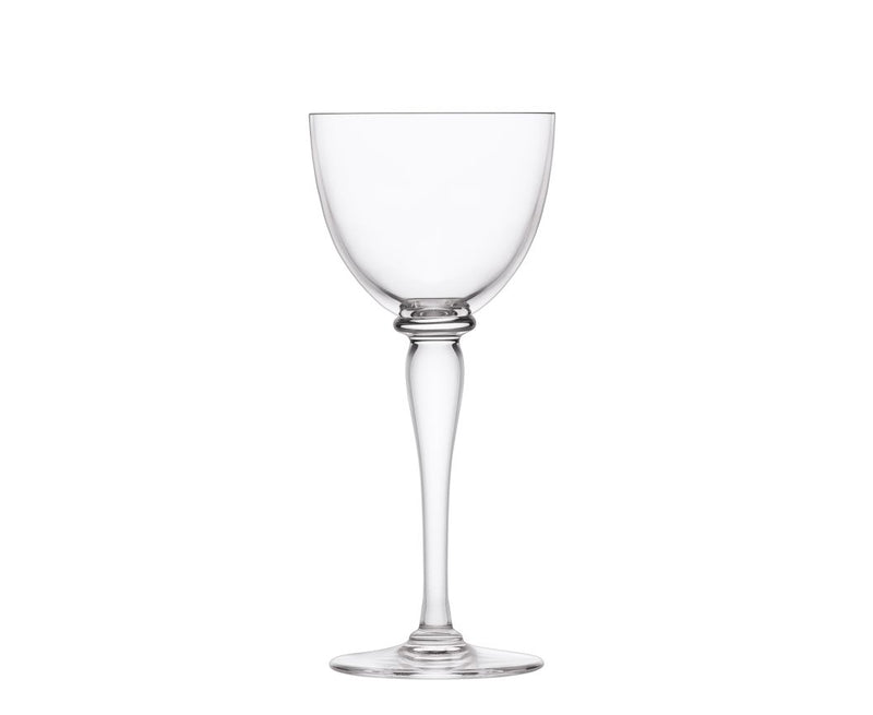 An Amadeus Stemware wine glass by Saint-Louis/Hermes, featuring a clear bowl, slender stem, and round base, crafted from fine crystal and set against a plain white background.