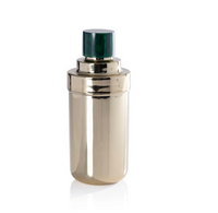 The Zodax Spector Cocktail Shaker - Gold / Green features a shiny metallic gold body and a dark green marbled lid, shown upright against a white background.