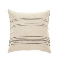 The Moroccan Stripe Pillow by Libeco Home features a square beige design with thin, evenly spaced horizontal black stripes, resembling a classic Moroccan coverlet, shown on a white background.