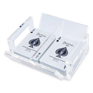 Two decks of Bicycle playing cards display the Ace of Spades side by side in the clear acrylic El Canasta Tray by Luxe Dominoes—a perfect accessory for game night.
