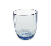 The Beatriz Ball Vida Acrylic Drinkware Set of 4 in blue features transparent, light blue acrylic cups with vertical ribbed lines and a rounded shape, shown on a white background.