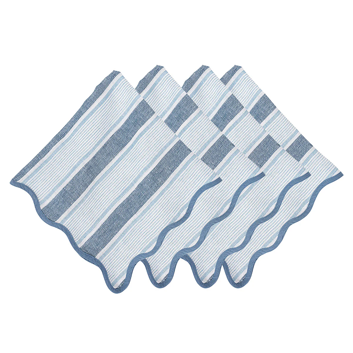 The Juliska Cabana Stripe Napkin Set of 4 - Ocean features blue and white linen napkins with scalloped, wavy edges and alternating stripe widths, arranged in a fanned-out display.