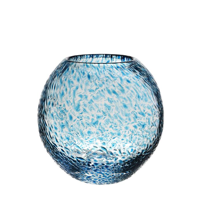 The Florence Vase Aqua by William Yeoward is a round blue vase with a bubbled texture and wide opening, adding style to your decor collection. Displayed on a white background, it’s perfect for showcasing decorative vases.