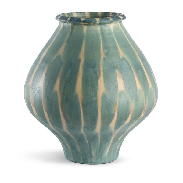 The Jace Vase by FlowDecor Inc. is a ceramic piece with a bulbous silhouette and narrow base, highlighted by its glossy green and beige striped design.