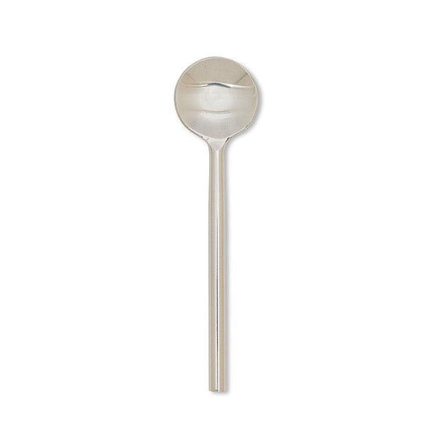 The Modern Spoon Small by Abbott Collection features a shiny stainless steel finish, round bowl, and straight handle, perfectly capturing modern minimalism against a plain white background.
