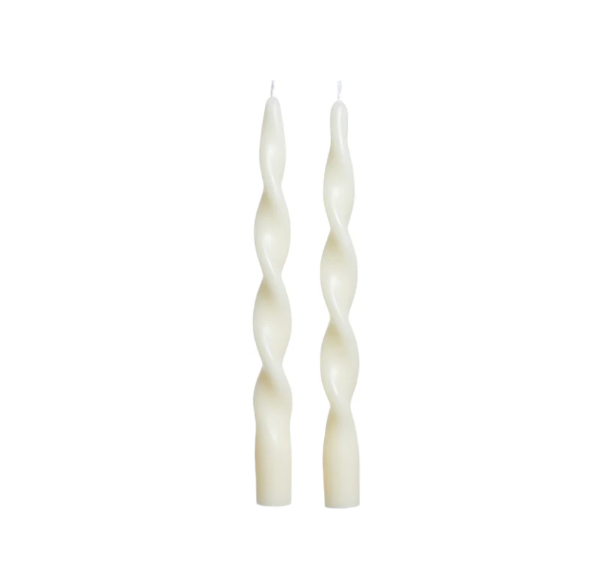 Two off-white Brilliance Twist Candle Set 2- soy candles with an artisanal, twisted spiral design.