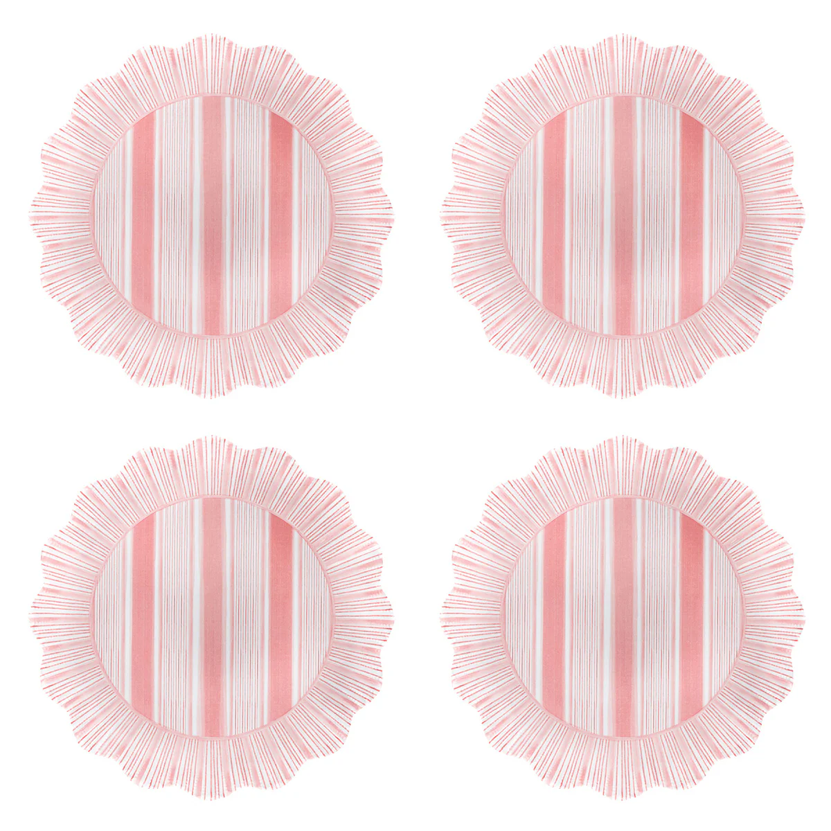 A set of four round Juliska Cabana Stripe Melamine plates in coral with vertical stripes and scalloped edges, arranged in a 2x2 grid on a white background.