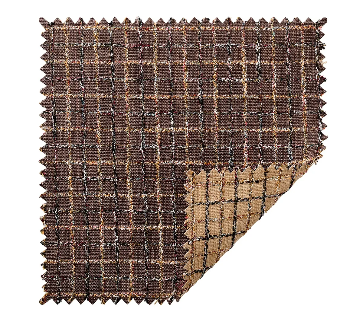A Boucle Reversible Placemat in Brown / Multi, shown as a square fabric swatch with pinked edges, featuring a brown plaid pattern on one side and a solid tan texture on the reverse.