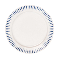 The Juliska Sitio Stripe Dinnerware features a round white ceramic dinner plate with a scalloped edge and evenly spaced Delft blue stripes radiating from the rim.