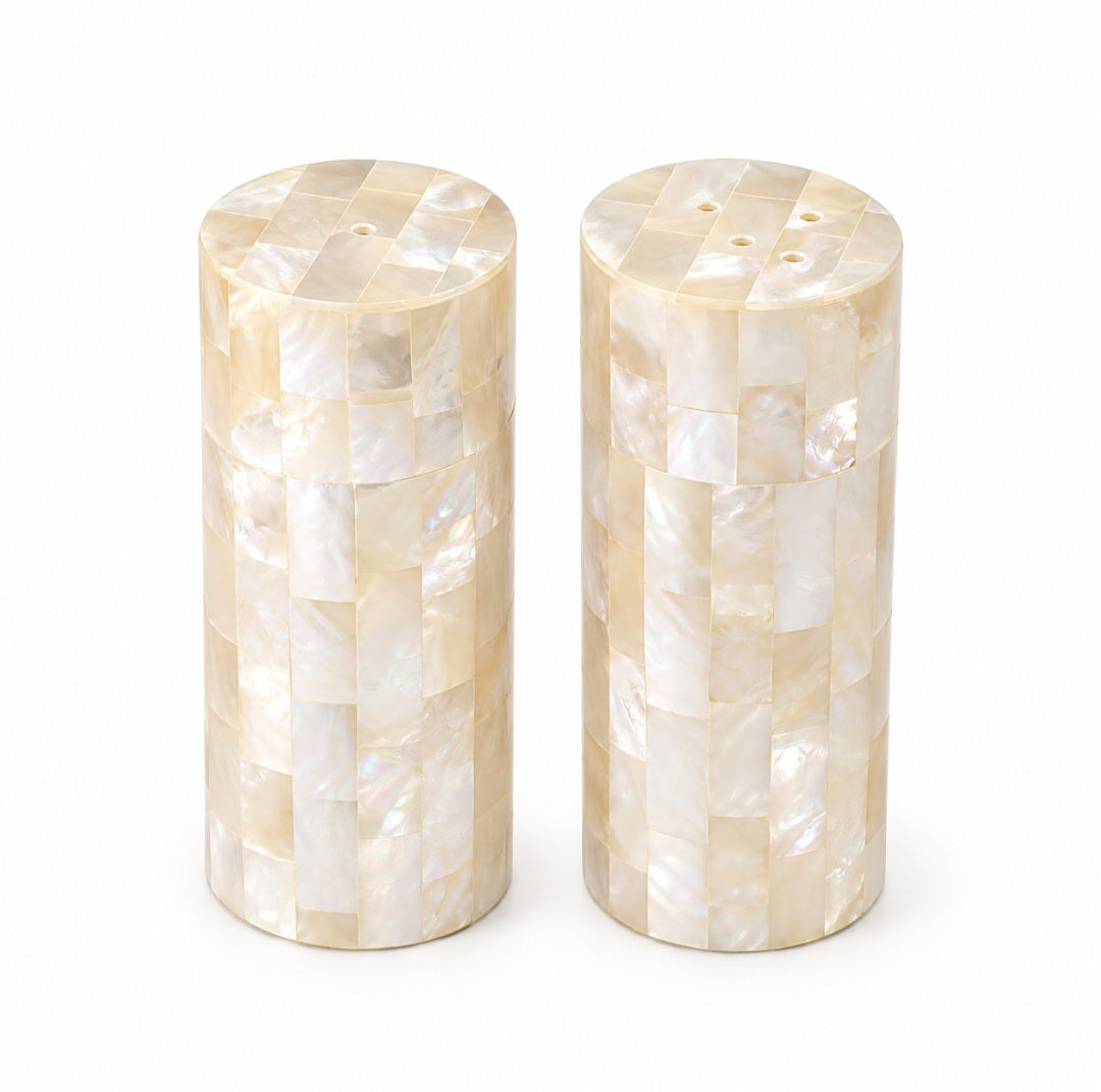 Tizo Mother of Pearl Salt & Pepper Set - Large consisting of two cylindrical shakers covered in iridescent mother-of-pearl tiles.