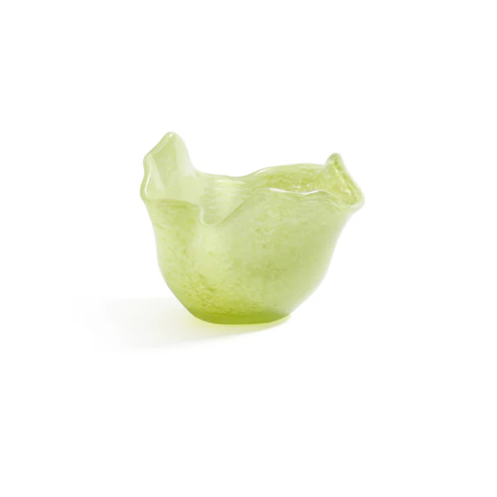 The Zodax Wavy Tealight Holder - Green is a small, light green soda lime glass bowl with a wavy rim and textured surface, ideal for tabletop styling or as a unique tealight holder. Displayed against a plain white background.