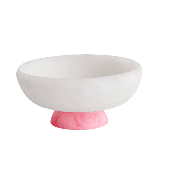 The Beatriz Ball Resin Sorbet Bowl Coconut & Raspberry - Medium features a smooth, white round bowl atop a pink base—a minimalist and colorful centerpiece for modern serveware, ideal against a plain white background.