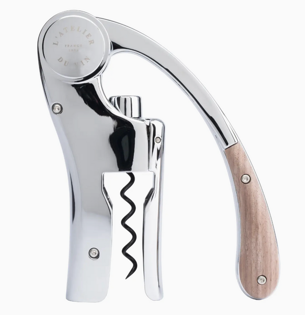 L’ Atelier du Vin Lever Wine Opener - Silver featuring a vertical lever with a wooden handle grip and a central spiral screw, presented in a luxury gift box.