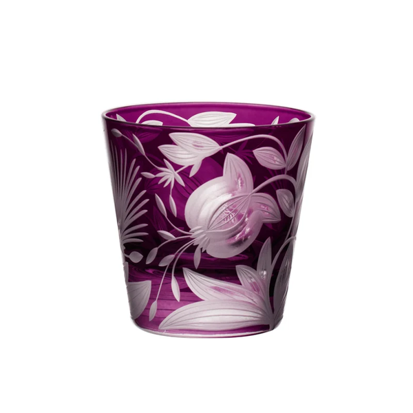 Artel Verdure Vodka / Liqueur Glass - Jewel Tones - in deep purple glass with an etched botanical pattern of flowers and leaves.