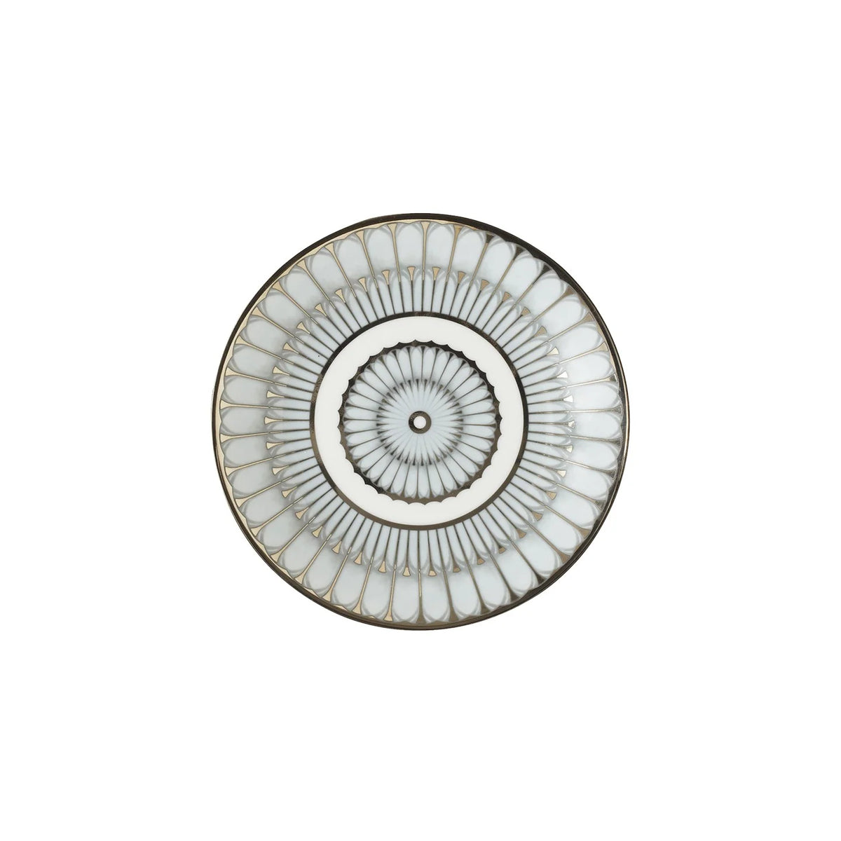 White Philippe Deshoulieres BIA Arcades Platinum Dinnerware plate with a silver, petal-like pattern radiating from a central ring.