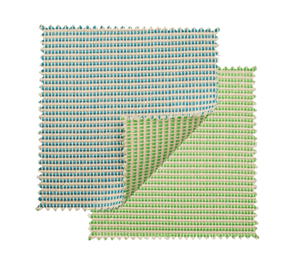 The Kim Seybert Duet Placemat Set of 4 in Blue & Green features reversible mats with blue-beige stripes on one side and green-beige on the other, shown with a folded corner—ideal for creative table settings.