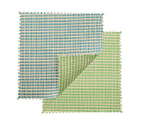 The Kim Seybert Duet Placemat Set of 4 in Blue & Green features reversible mats with blue-beige stripes on one side and green-beige on the other, shown with a folded corner—ideal for creative table settings.