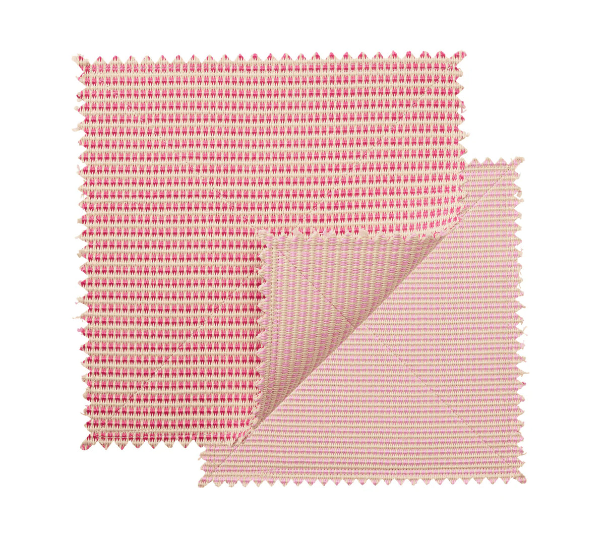 Two square fabric swatches in blush and pink with zigzag edges overlap, one partly folded to reveal both sides, highlighting the chic design of the Kim Seybert Duet Placemat Set of 4 - Blush & Pink.