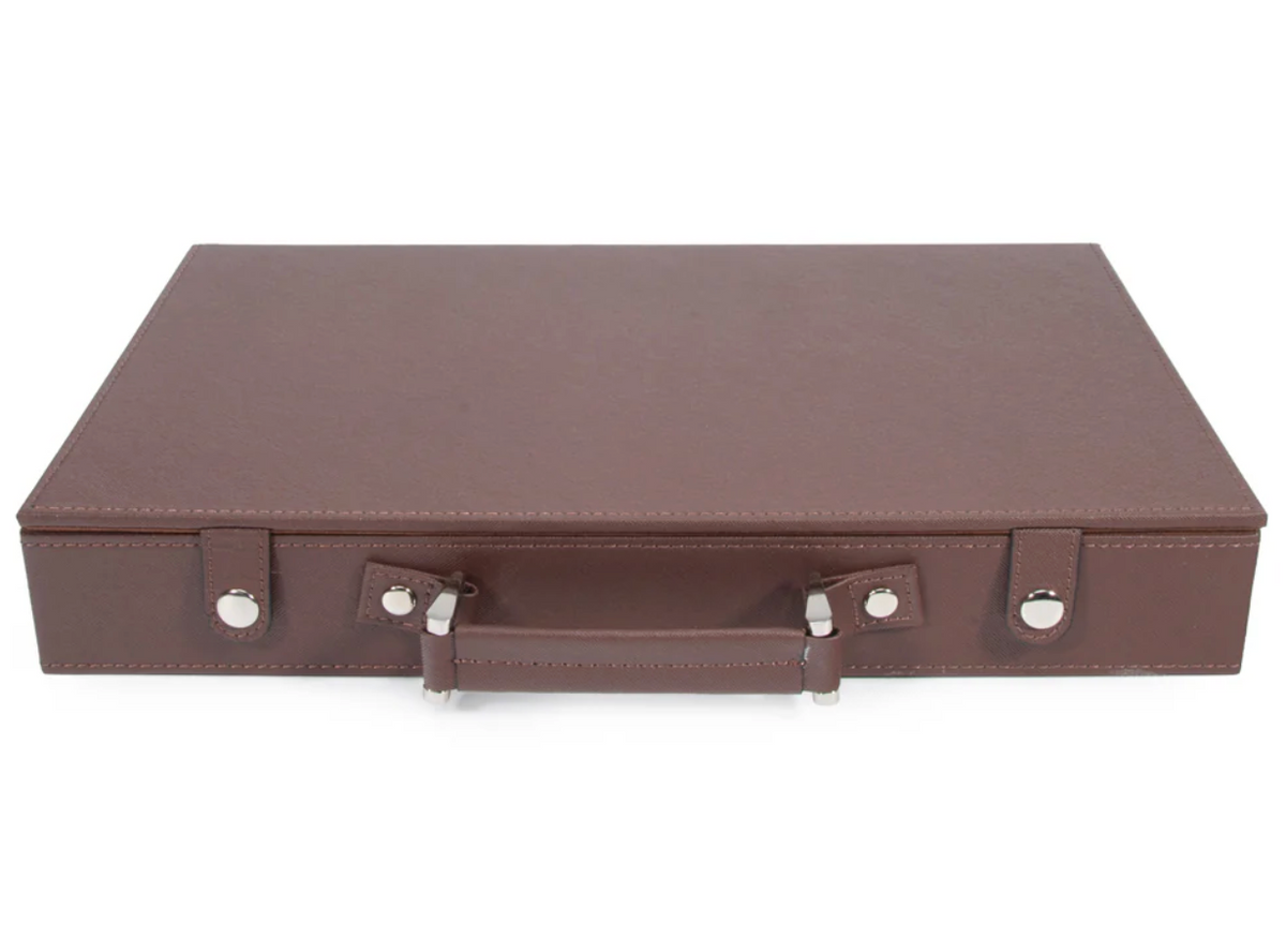 The Brouk & Co Rowan 200 Chip Poker Set comes in a closed, rectangular brown leather briefcase with a handle and silver clasps, perfect for storage, shown on a white background.