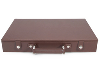 The Brouk & Co Rowan 200 Chip Poker Set comes in a closed, rectangular brown leather briefcase with a handle and silver clasps, perfect for storage, shown on a white background.