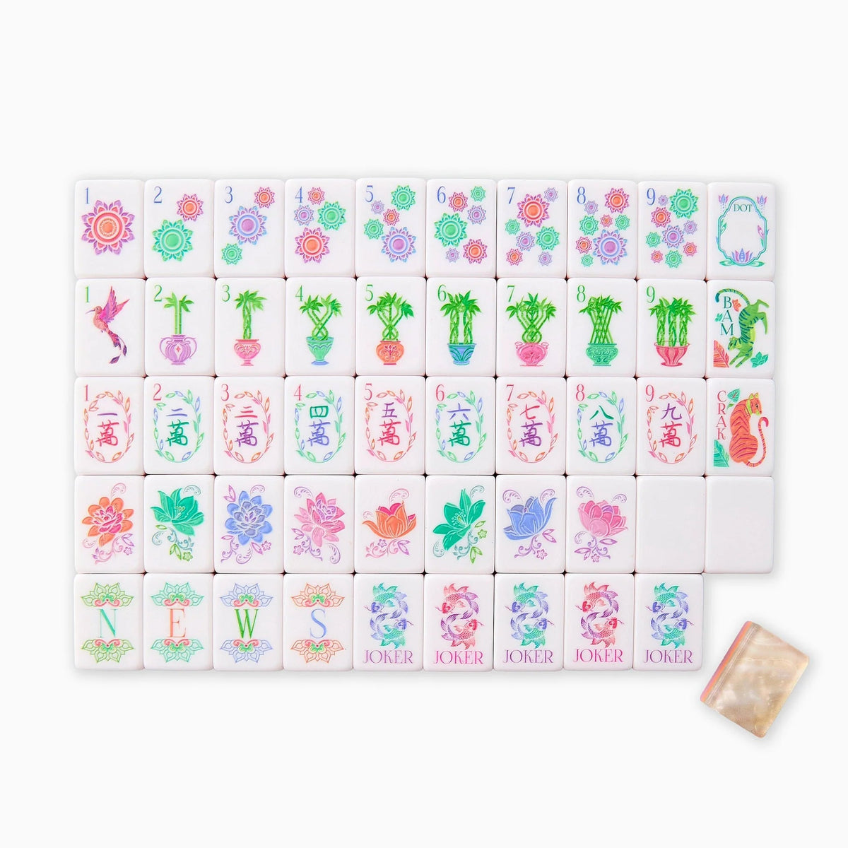 The Oh My Mahjong “Mahjong Tiles Set - Pearlescent” is displayed in neat rows, showcasing floral and plant motifs, numerical and character tiles, two jokers, and a dice bag positioned at the bottom right corner.