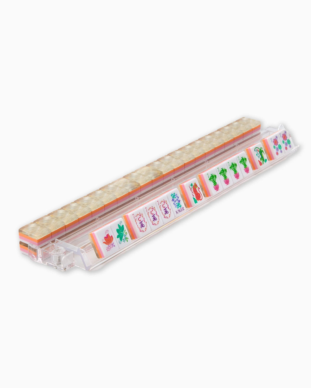 A clear plastic rack holds the Oh My Mahjong Pearlescent Mahjong Tiles Set, featuring vibrant tiles adorned with numbers, flowers, and characters, all neatly arranged in a row.