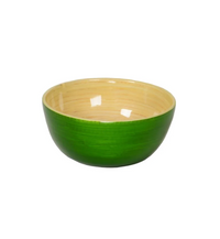 The Albert L Bamboo Classic - Mini Dip Bowl features a glossy green exterior, light tan interior, and is crafted from food-safe bamboo. Perfect for dips, this round mini bowl is shown against a plain white background.