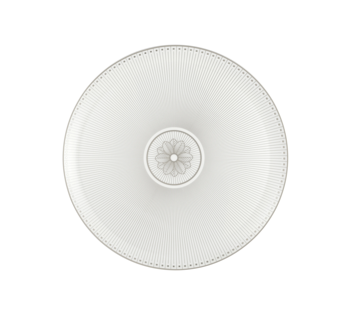 A round white plate with fine radial lines and a decorative flower-like pattern in the center, viewed from above on a plain white background, exemplifies the refined elegance of Christofle’s Malmaison Imperiale Porcelain Dinnerware Platinum collection.