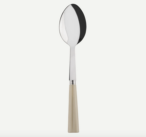The Sabre Nature Serving Spoon features a stainless steel, reflective oval bowl and a light beige handle—ideal for serving sides—shown on a white background.