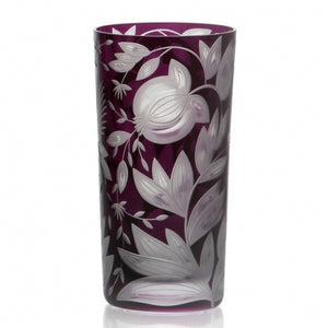 Deep purple Artel Verdure Highball Jewel Colors glass etched with a floral and botanical pattern.