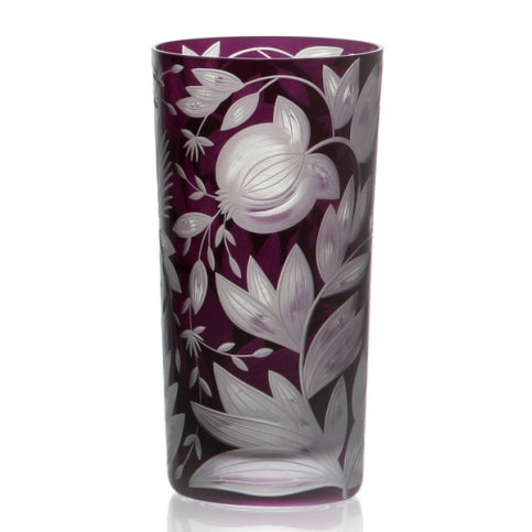 Deep purple Artel Verdure Highball Jewel Colors glass etched with a floral and botanical pattern.