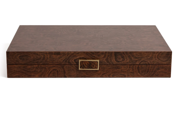 The Malaga 19" Backgammon Set by Zodax showcases a rectangular wood veneer box with a swirling grain pattern and a square central handle. Opening to reveal a luxurious leather playing surface, this elegant and portable board game display is perfect for enthusiasts. The set stands out beautifully against a white background.
