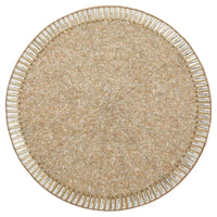 The Bevel Placemat Set of 4 by Kim Seybert features round, gold-toned beaded placemats with an intricate design and clear bead accents along the outer edge, offering a sophisticated and decorative touch to elevate any formal table setting.