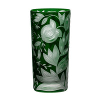 Emerald green Verdure Highball Jewel Colors glass featuring an intricate, etched botanical pattern of leaves and fruit.