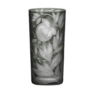 Tall grey Artel Verdure Highball Jewel Colors crystal glass tumbler etched with a pattern of leaves and fruit.