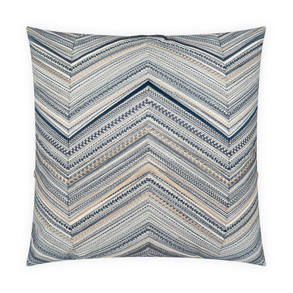 The Marquise Pillow Indigo by D.V. KAP / Canaan Company features elegant indigo and beige chevrons with textured stitching on a crisp white background, inspired by luxury Italian design.