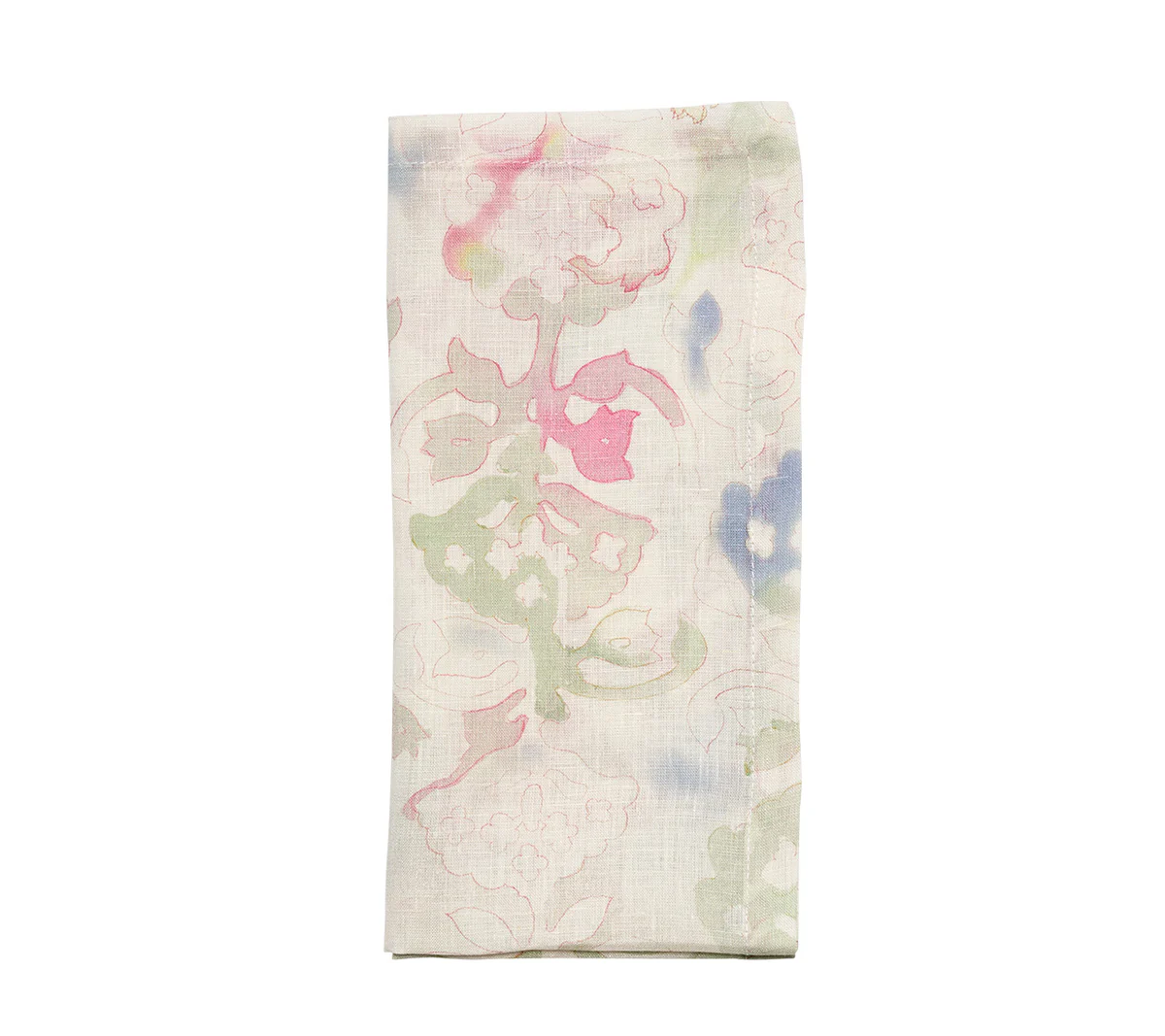 The Giverny Napkin Mint and Multi by Kim Seybert features a folded, light-colored linen with a subtle floral pattern in pink, green, and blue on a white background.