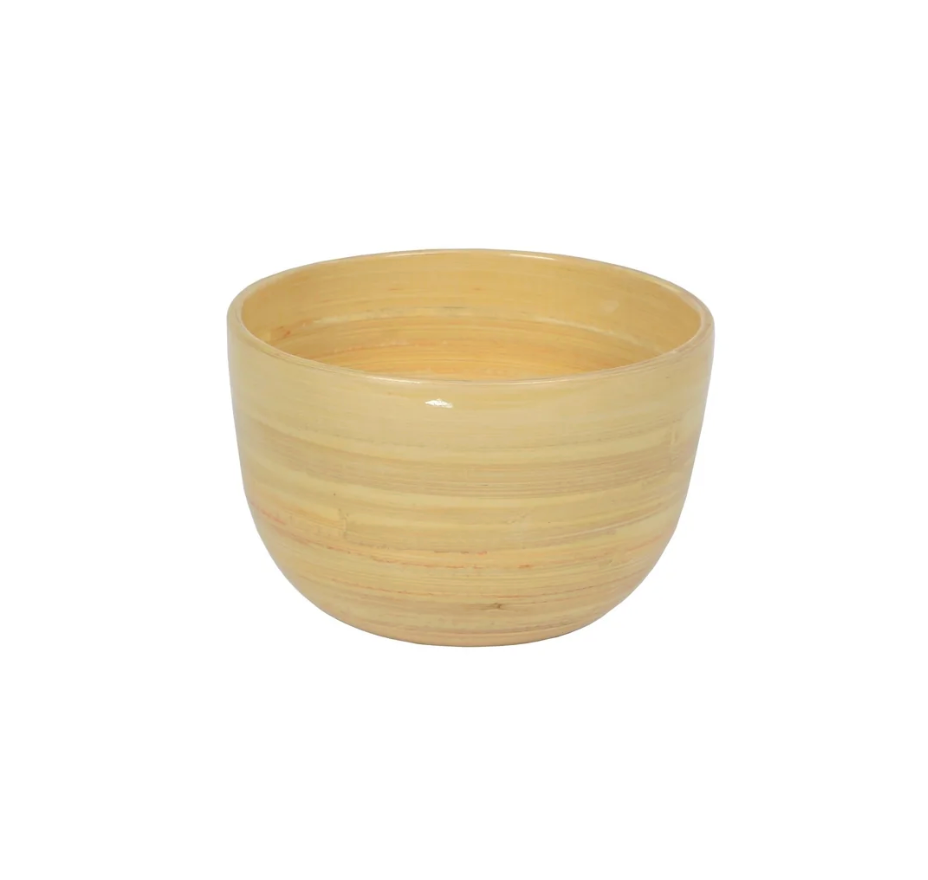 The Albert L Bamboo Classic Serving Bowl Small - Natural features a plain, round design with a smooth light wood finish, shown on a white background.