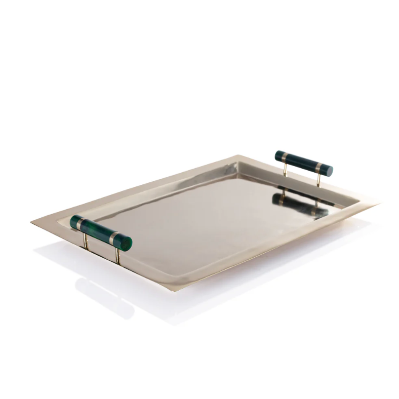 The Spector Serving Tray - Gold & Green by Zodax features raised edges and two cylindrical marbled handles—an elegant piece to elevate your barware collection.