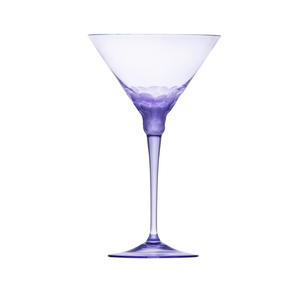 The Moser Pebbles Martini Glass (260 ml) features a subtle purple tint and textured, bubble-like stem, highlighting handcrafted elegance against a white background.