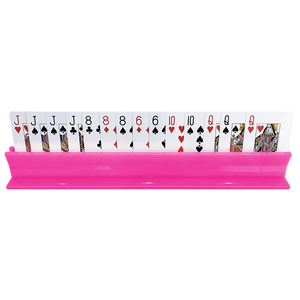 The Canasta Sets Canasta Rack is a pink card holder that stylishly displays playing cards, including Jacks, 8s, 6s, 10s, and Queens—a charming accessory for your canasta games.